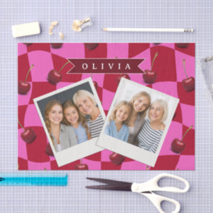 Papel De Seda Gingham de Cereza Personalizado Retro con Nombre P