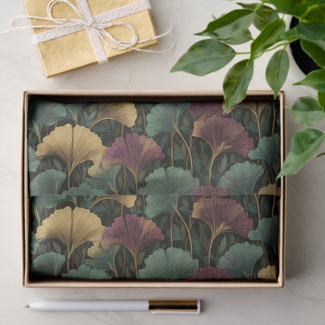 Papel De Seda Ginkgo Leaf Pattern Teal Burgundy  (Regalo )