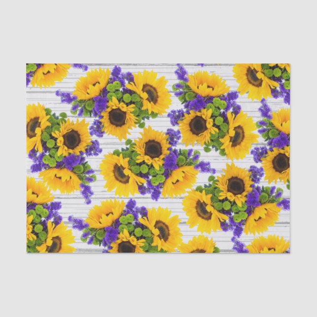 Papel De Seda Girasol amarillo púrpura de madera blanco rústico (Anverso)