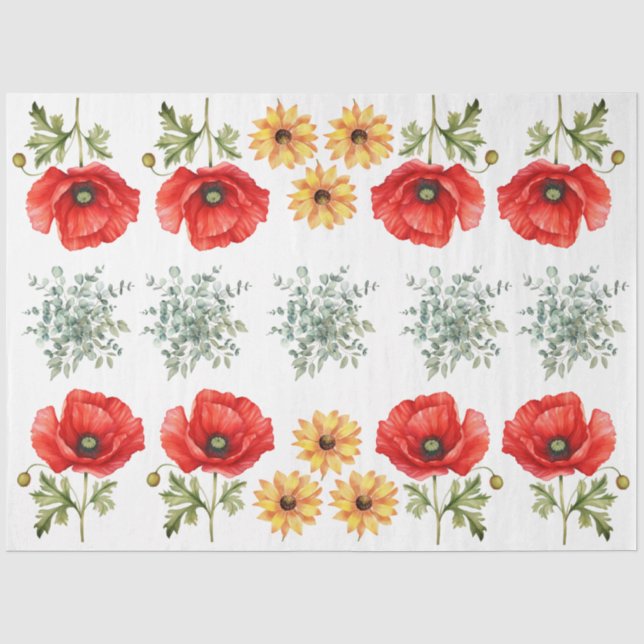 Papel De Seda Girasoles, Amapolas Rojas & Eucalipto  Decoupage (Anverso)