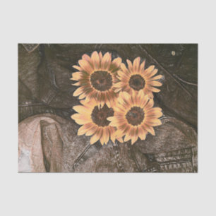 Papel De Seda Girasoles Denim Amarillo Marrón Rústico Arte Vinta
