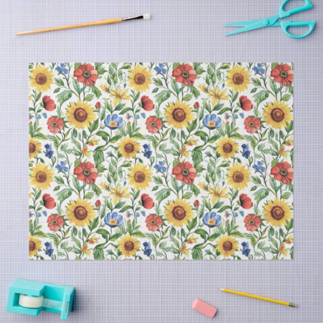 Papel De Seda Girasoles Florales de Cumpleaños Italianos Azules  (Artesanía)