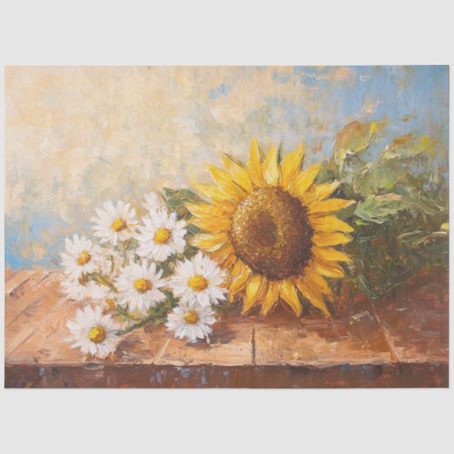 Papel De Seda Girasoles y margaritas en decoupage de mesa rústic (Anverso)