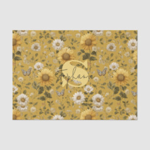 Papel De Seda Girasoles y Mariposas sobre Fondo Amarillo