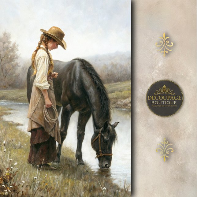 Papel De Seda Girl With Black Horse By Stream Decoupage (Girl With Black Horse By Stream Decoupage Tissue Paper)