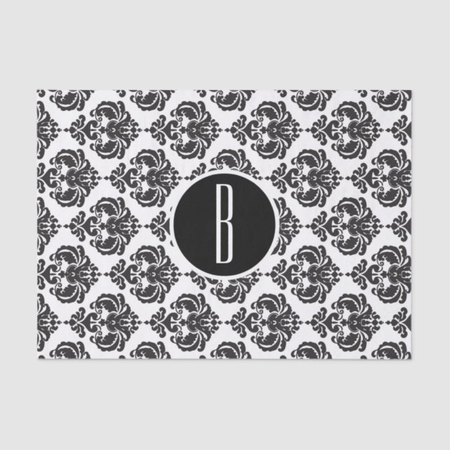Papel De Seda Glam Damask Monograma Letra Inicial Blanco Negro (Anverso)