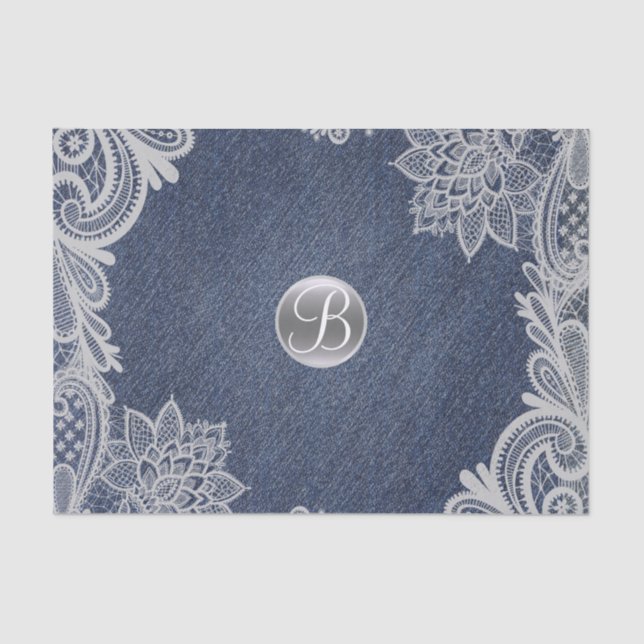 Papel De Seda Glam Rústico Denim & Lace Elegante Monograma Inici (Anverso)