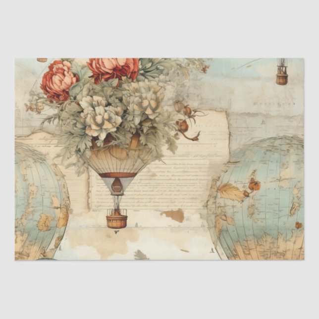 Papel De Seda Globo de aire caliente de época en un paisaje sere (Anverso)