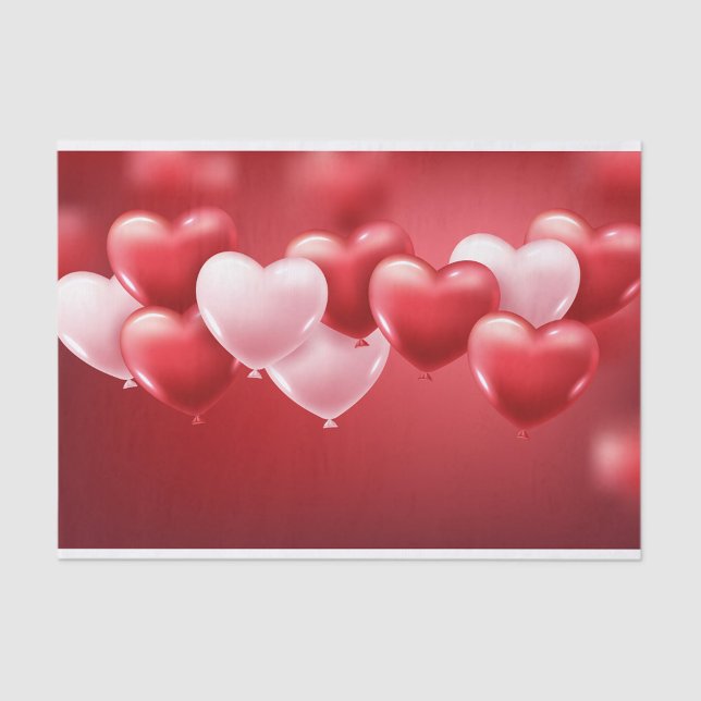 Papel De Seda Globos del corazón (A digital illustration features a cluster of heart-shaped balloons against a gradient red background)