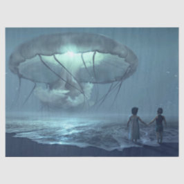 Papel De Seda Glowing jellyfish cloud over the ocean beach