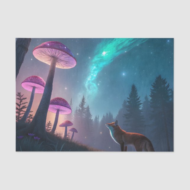 Papel De Seda Glowing Mushroom Forest Fox Fantasy Art (Anverso)