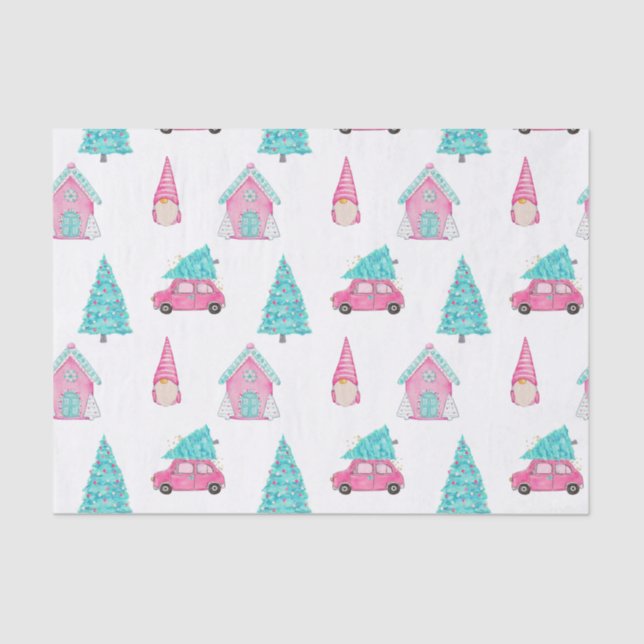 Papel De Seda Gnome Cute Pink Peppermint Christmas Pattern  (Anverso)