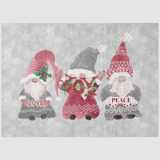 Papel De Seda Gnomes navidades Snowflakes Gray Red Decoupage Art (Anverso)