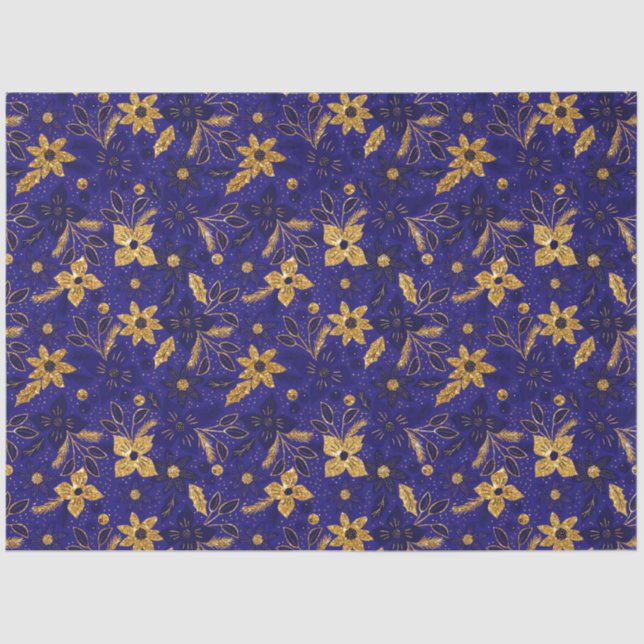 Papel De Seda Gold and Blue Christmas Poinsettia Flowers (Anverso)