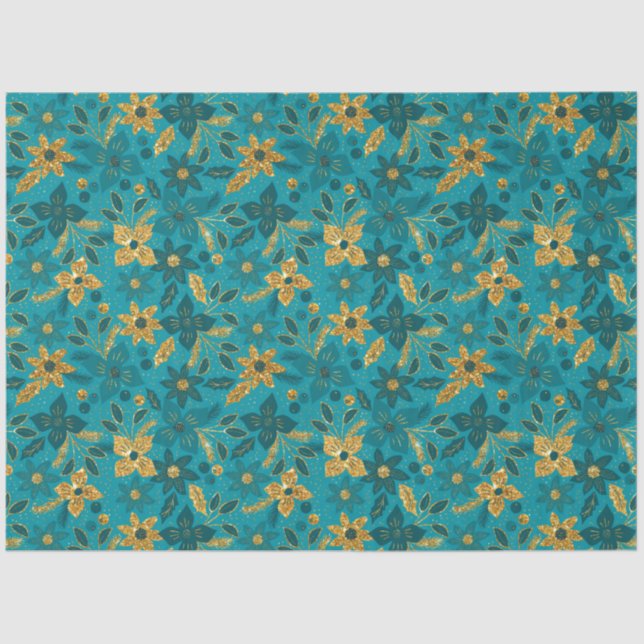 Papel De Seda Gold and Teal Blue Christmas Poinsettia Flowers (Anverso)