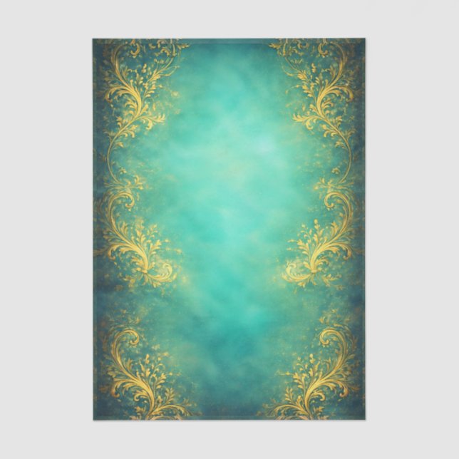 Papel De Seda Gold Filigree, Teal Background EZ7 Decoupage (Anverso)