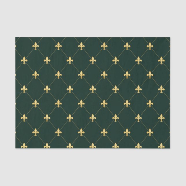 Papel De Seda Gold Fleur-de-Lis Dark Green (Anverso)
