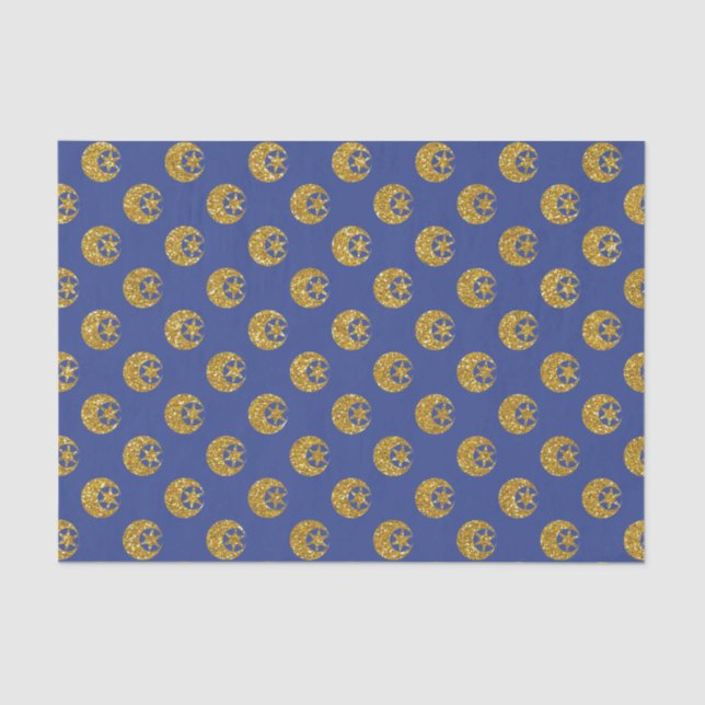 Papel De Seda Gold Glitter Moon and Stars on Blue (Anverso)