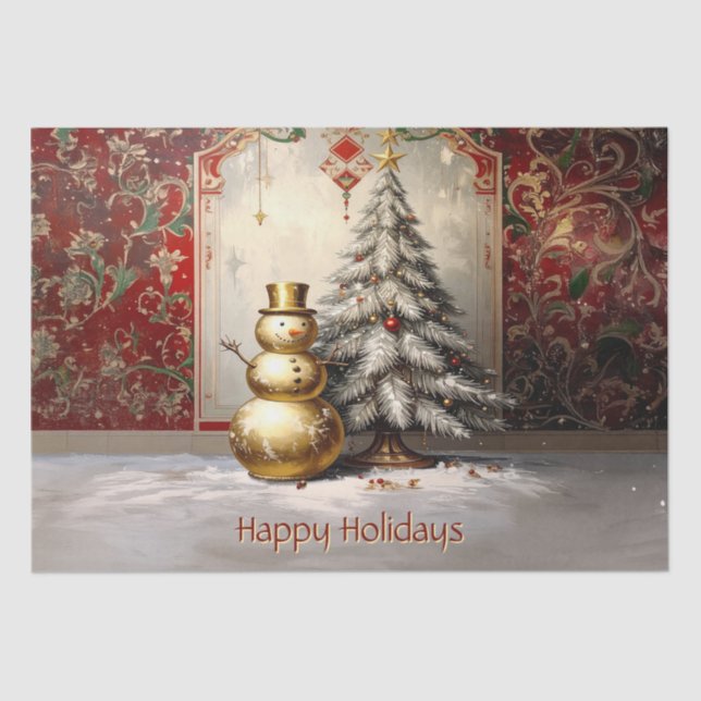 Papel De Seda Gold Snowman Christmas Tree Holiday (Anverso)