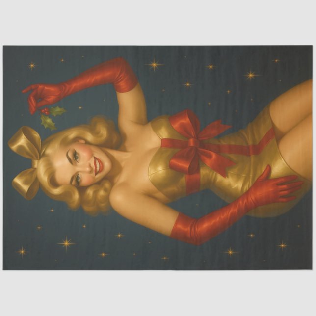 Papel De Seda Golden Christmas Pinup with Red Bow (Anverso)
