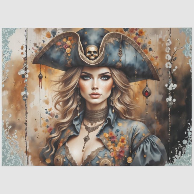 Papel De Seda Golden Pirate Queen | Nautical Caribbean Decoupage (Anverso)