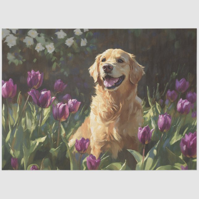 Papel De Seda Golden Retriever con Purple Tulips Decoupage (Anverso)