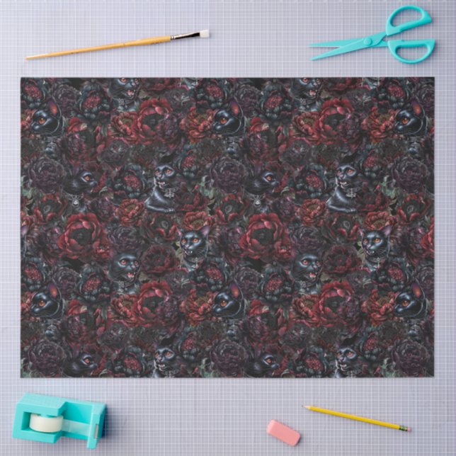 Papel De Seda Gothic Black Cat & Dark Flowers Pattern  (Artesanía)