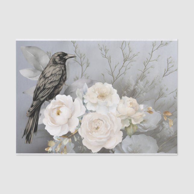 Papel De Seda Gothic Black Raven White Flowers  (Anverso)