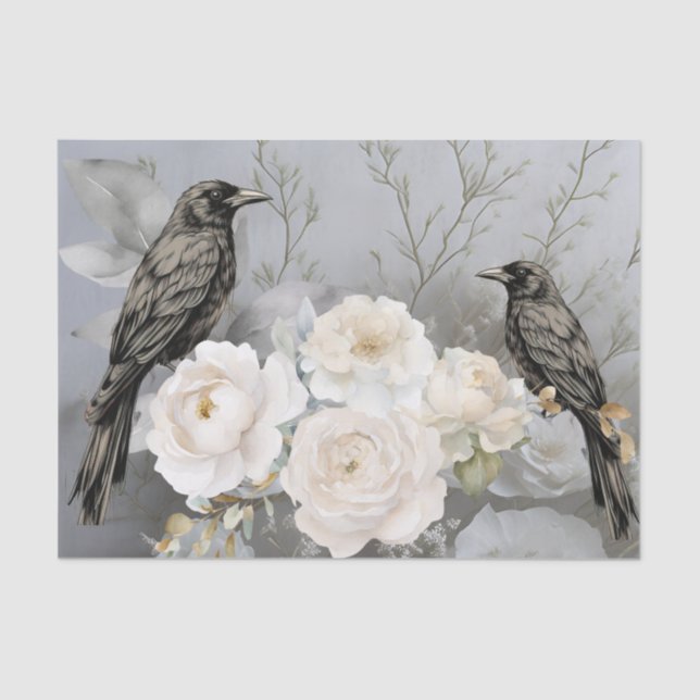 Papel De Seda Gothic Black Ravens & White Flowers  (Anverso)