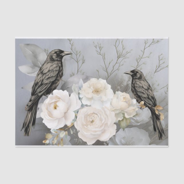 Papel De Seda Gothic Black Ravens & White Flowers  (Anverso)