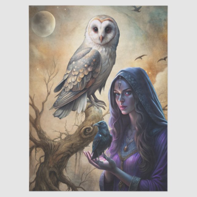 Papel De Seda Gothic Fantasy Tarot Reader White Owl & Raven  (Anverso)