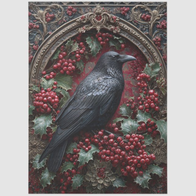 Papel De Seda Gothic Raven with Holly and Berries (Anverso)