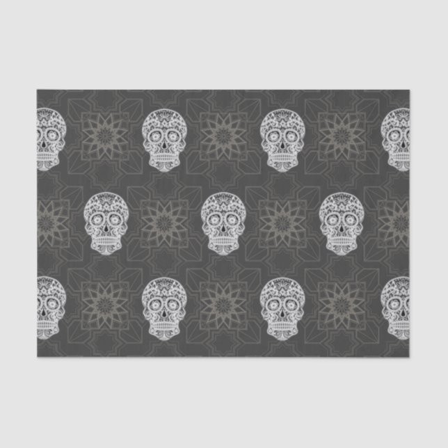 Papel De Seda Gothic Sugar Skull and Grey Geometric Pattern (Anverso)