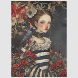 Papel De Seda Gothic Valentine Girl & Raven w/ Red Roses