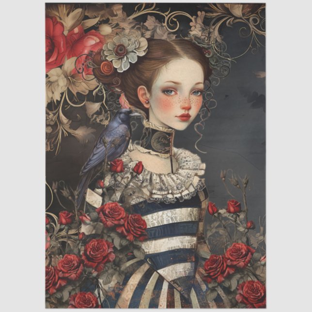 Papel De Seda Gothic Valentine Girl & Raven w/ Red Roses (Anverso)