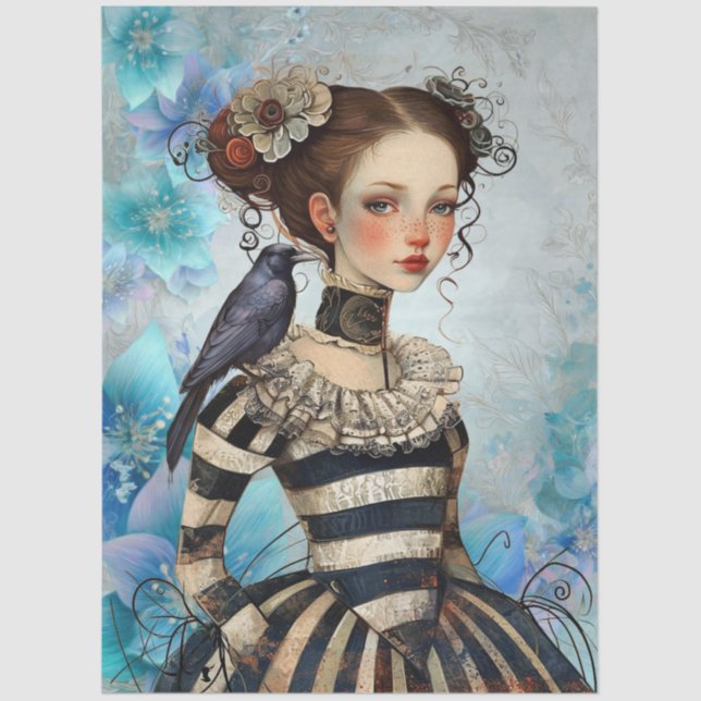 Papel De Seda Gothic Victorian Girl & Raven Teal Florals (Anverso)
