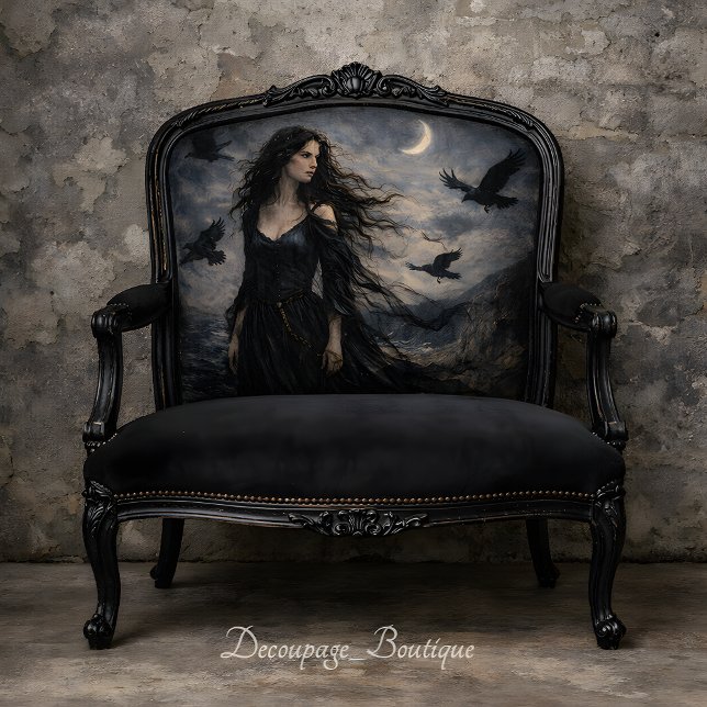 Papel De Seda Gothic Woman Ravens Moonlit Ocean Scene Decoupage (Gothic Woman Ravens Moonlit Ocean Scene Decoupage Mockup)