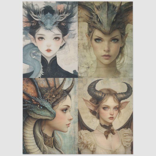 Papel De Seda Gótico Mithológico Nymph Fantasy Dragon Collage (Anverso)