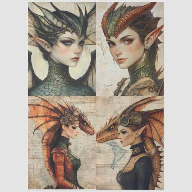 Papel De Seda Gótico Mithológico Nymph Fantasy Dragon Collage (Anverso)