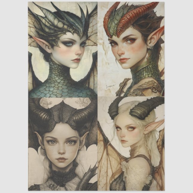 Papel De Seda Gótico Mithológico Nymph Fantasy Dragon Collage (Anverso)