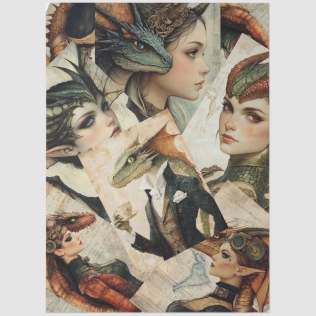Papel De Seda Gótico Mithológico Nymph Fantasy Dragon Collage (Anverso)