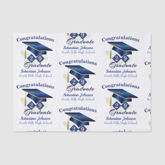 Papel De Seda Graduación Azul y oro personalizados (Anverso)