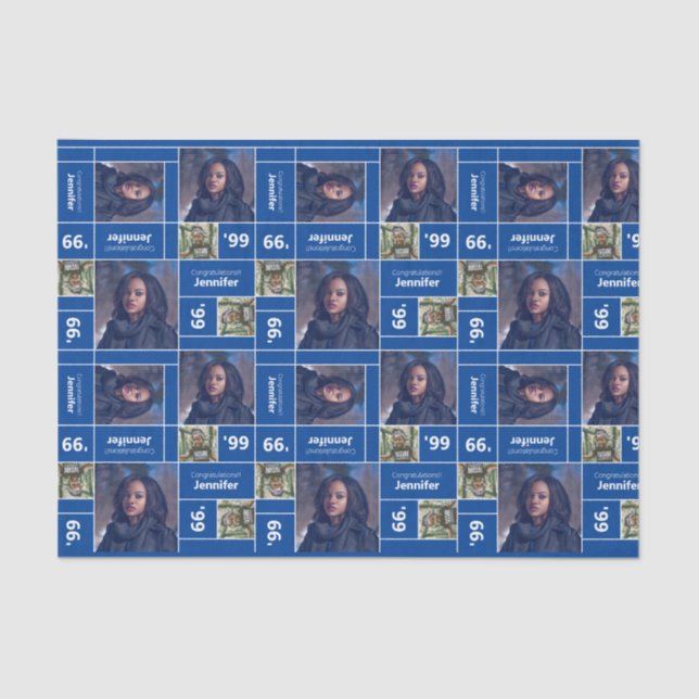 Papel De Seda Graduación de foto cuadrada clase año azul (Anverso)