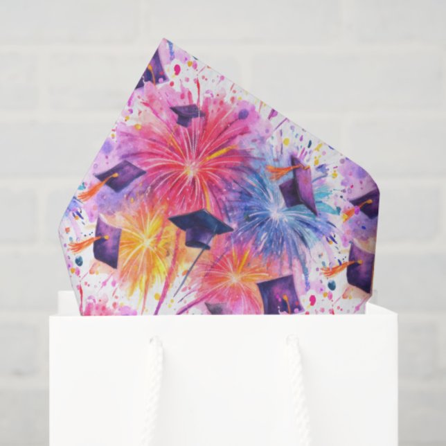 Papel De Seda Graduation Fireworks Pattern with Tossed Caps (Bolsa de regalo)