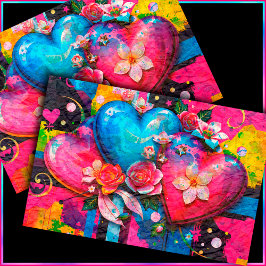 Papel De Seda [Graffiti Love] Coloridos corazones y flores abstr