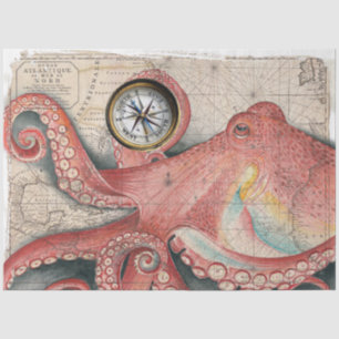 Papel De Seda Gran arte de brújula de mapa de cosecha de octopus