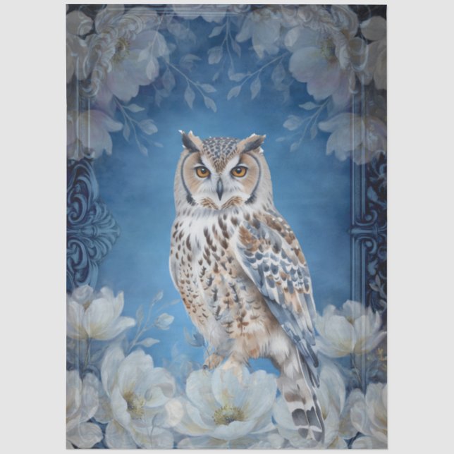 Papel De Seda Gran Decoupage de Lechuza de Flores Blancas (Anverso)