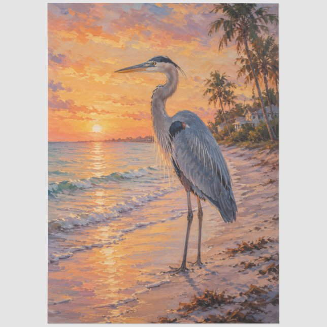 Papel De Seda Gran Garza Azul Playa Sunset (Anverso)