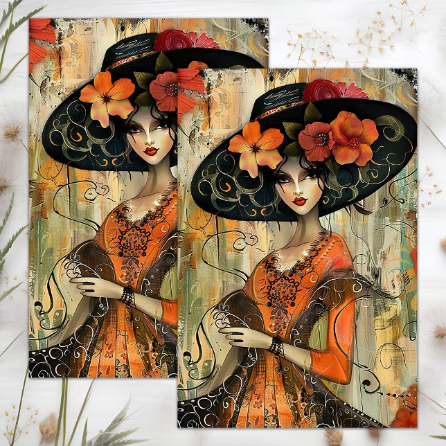 PAPEL DE SEDA GRAN SOMBRERO MODA CHICA DECOUPAGE (BIG HAT FASHION GIRL DECOUPAGE TISSUE PAPER)
