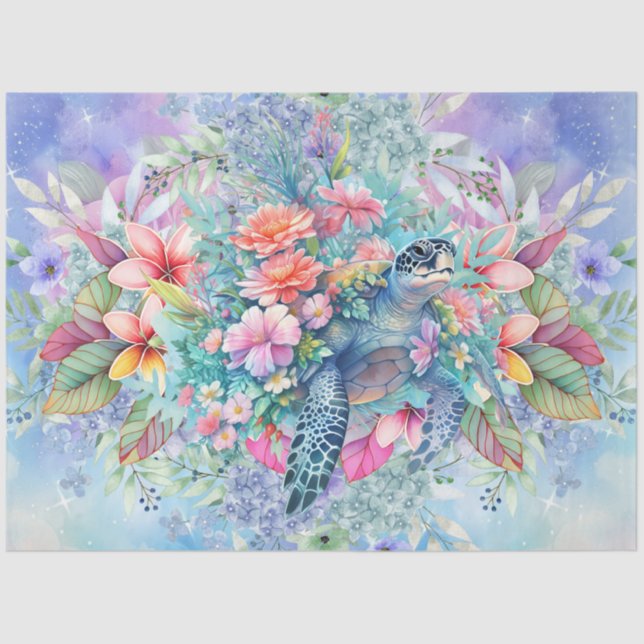 Papel De Seda Gran tortuga tropical de mar y flores acuáticas (Anverso)